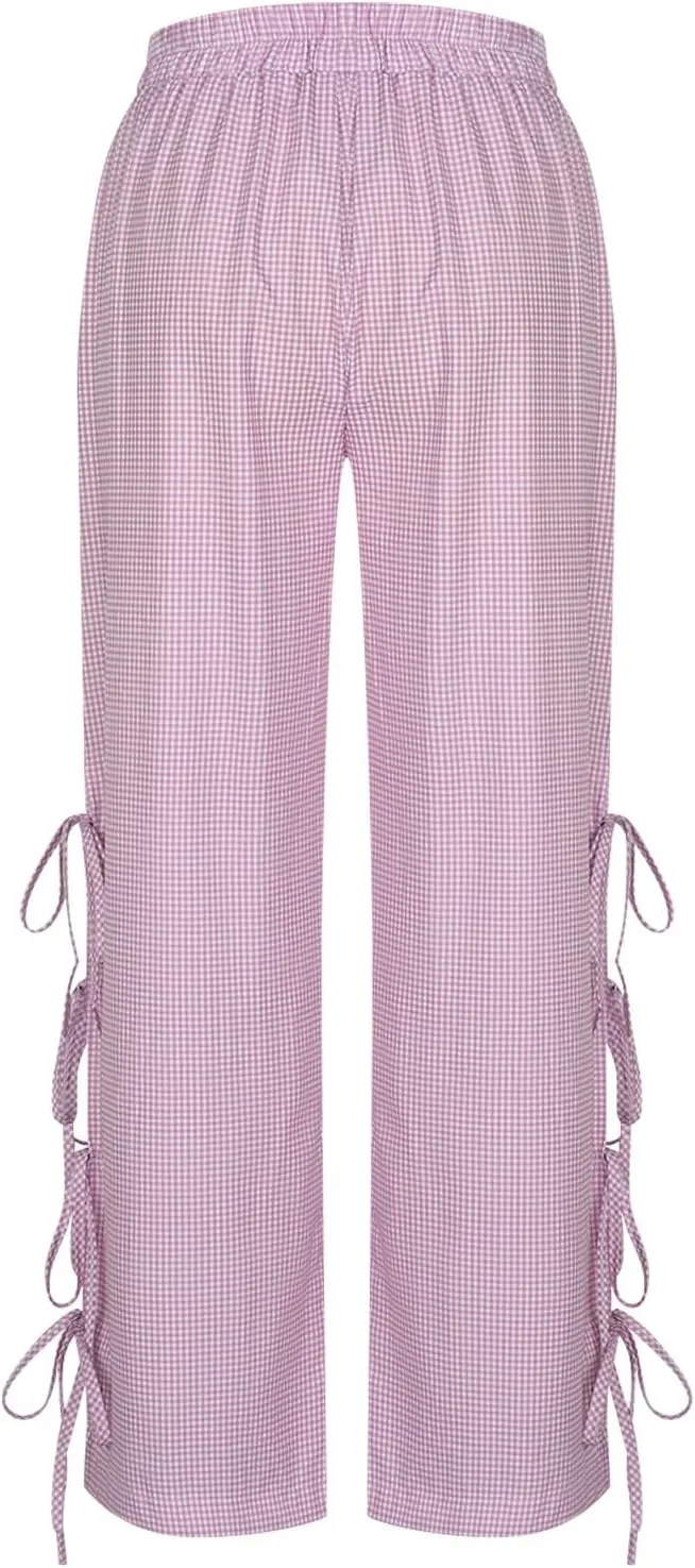 Women's Plaid Printed Wide Leg Straight Pants Lace Up Elastic Waist Trousers Fashion Soft Pants with Pockets