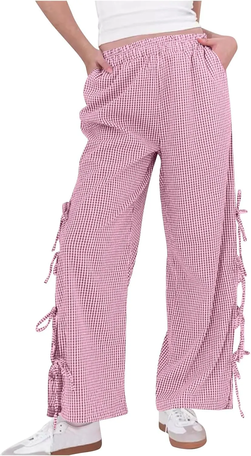 Women's Plaid Printed Wide Leg Straight Pants Lace Up Elastic Waist Trousers Fashion Soft Pants with Pockets