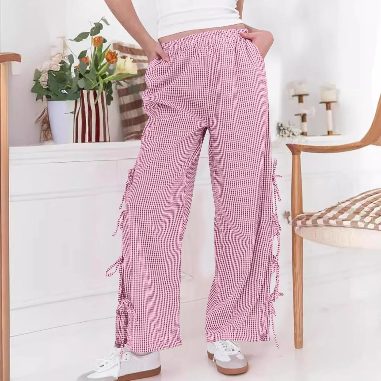 Women's Plaid Printed Wide Leg Straight Pants Lace Up Elastic Waist Trousers Fashion Soft Pants with Pockets