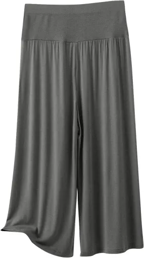 Womens Pleated Capri Pants Casual Elastic Waisted Baggy Comfy Trousers Solid Color Lightweight Home Capris