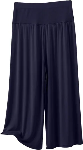 Womens Pleated Capri Pants Casual Elastic Waisted Baggy Comfy Trousers Solid Color Lightweight Home Capris
