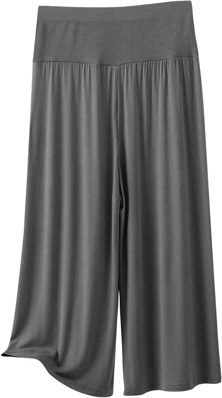 Womens Pleated Capri Pants Casual Elastic Waisted Baggy Comfy Trousers Solid Color Lightweight Home Capris