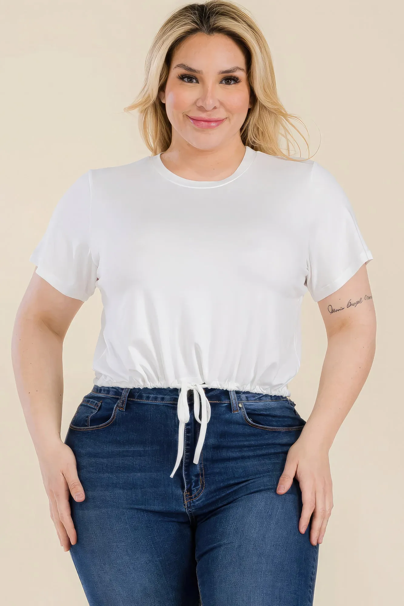 Women's Plus Size Tie Front Drawstring Short Sleeve Crop Top