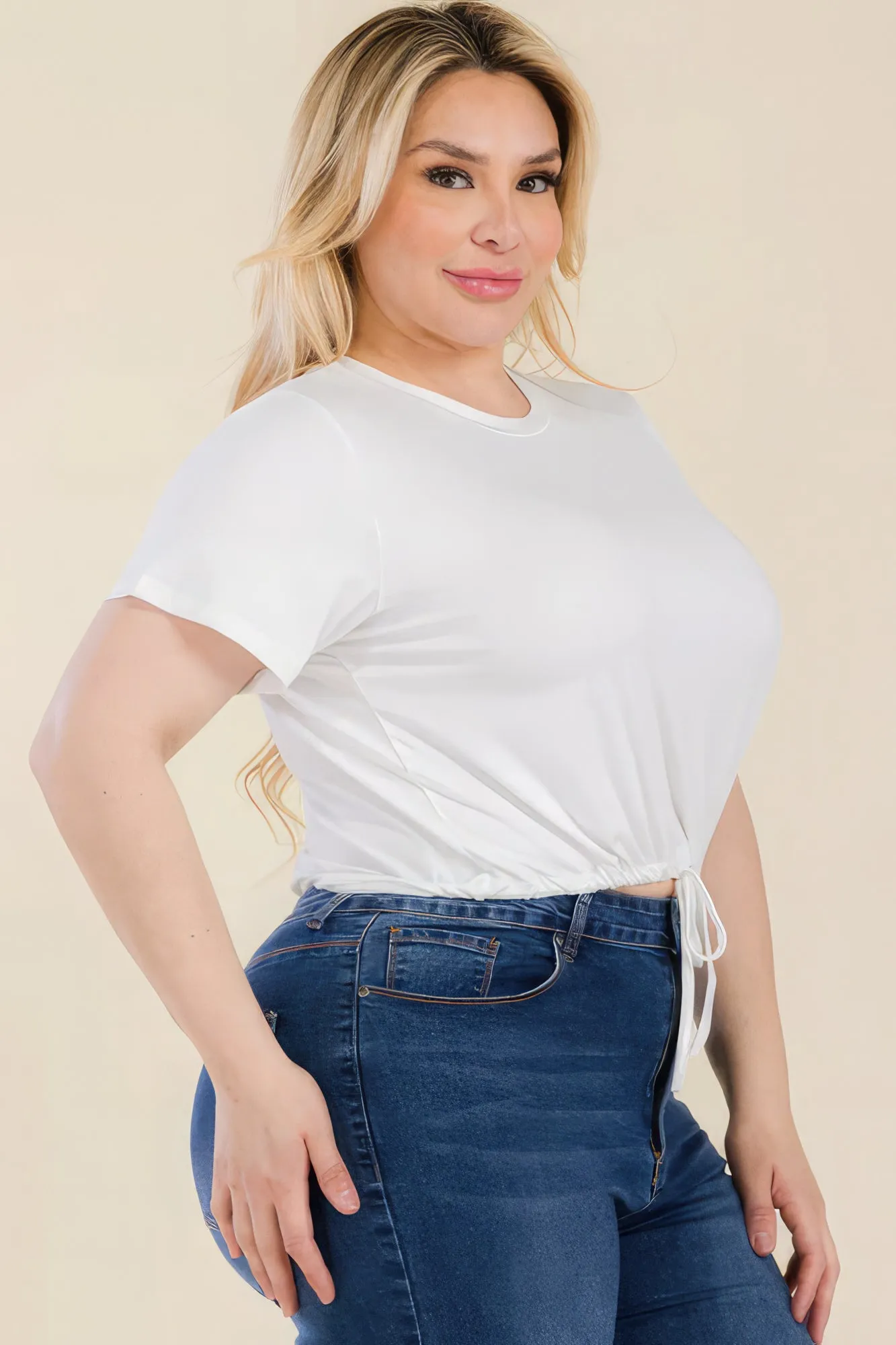 Women's Plus Size Tie Front Drawstring Short Sleeve Crop Top