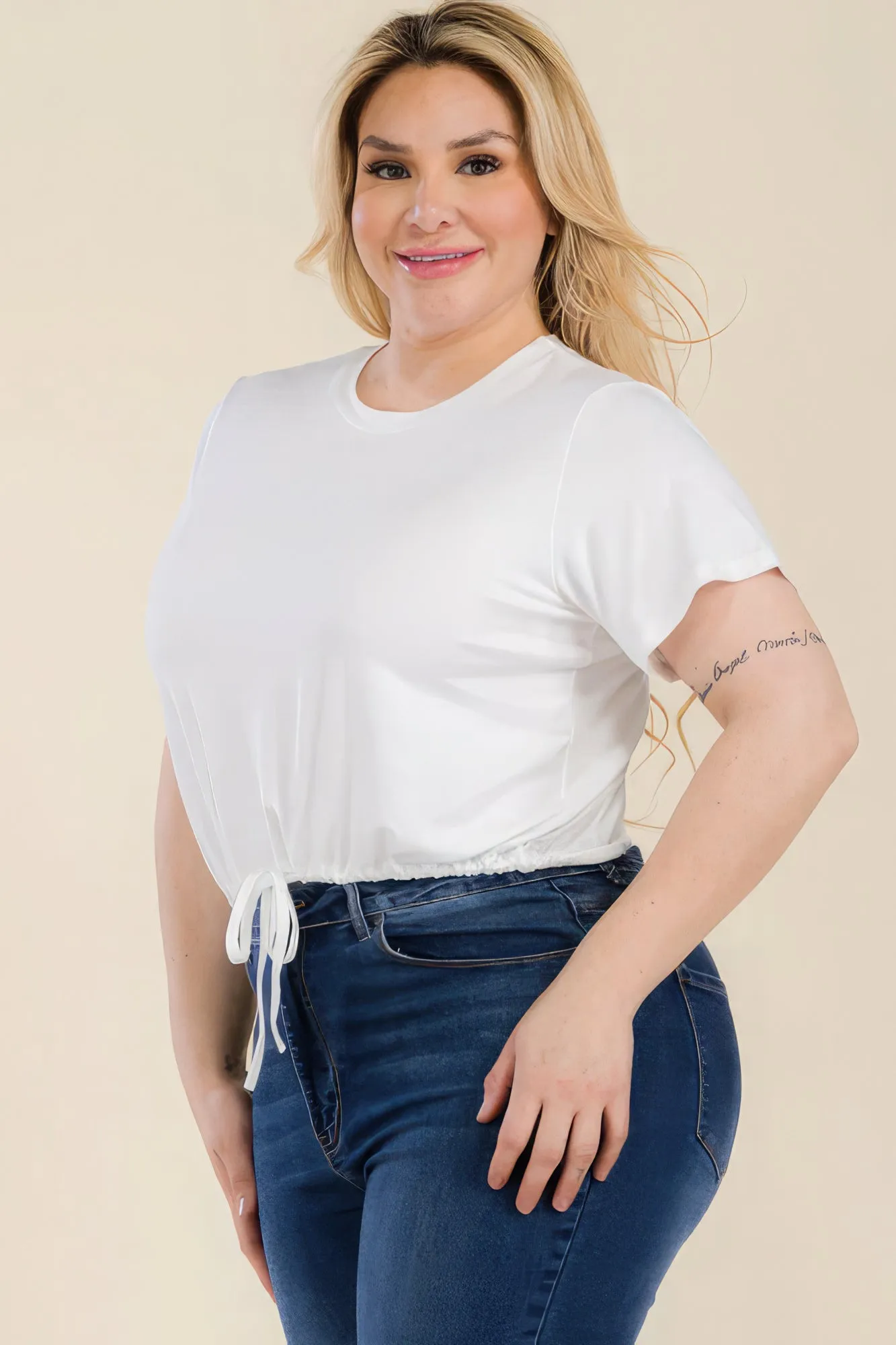 Women's Plus Size Tie Front Drawstring Short Sleeve Crop Top