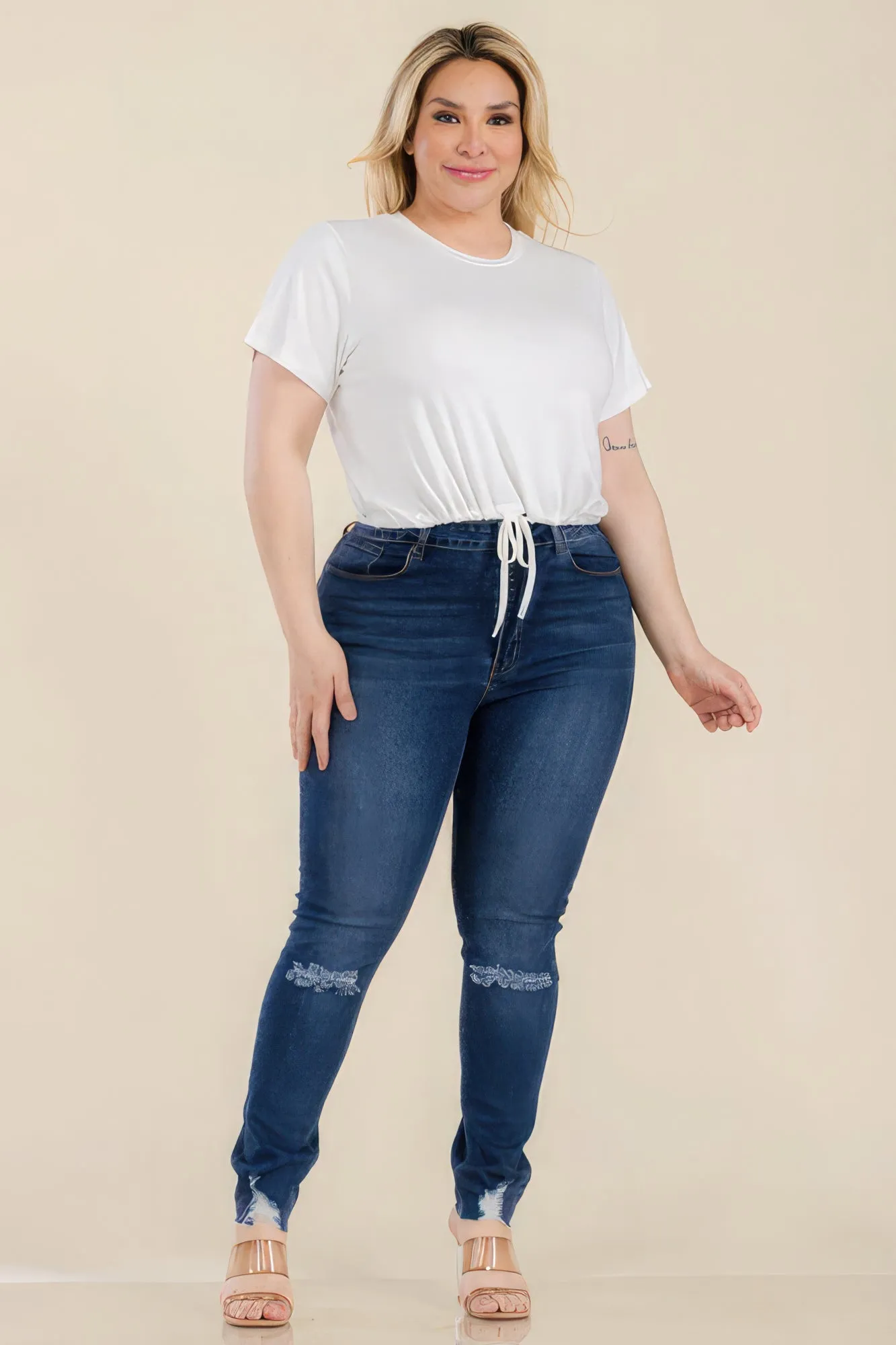 Women's Plus Size Tie Front Drawstring Short Sleeve Crop Top