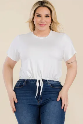 Women's Plus Size Tie Front Drawstring Short Sleeve Crop Top