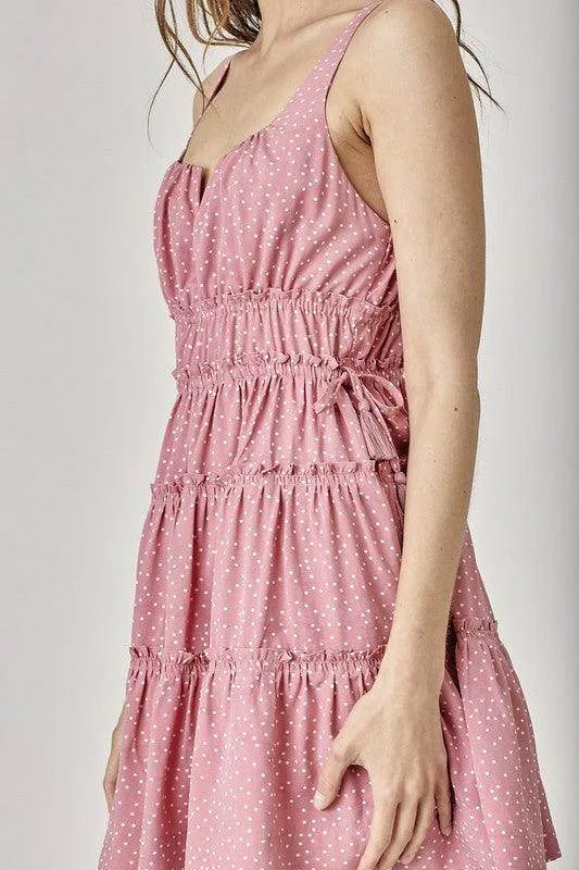 Womens Side Tassel Strap Tiered Polka Dot Dress