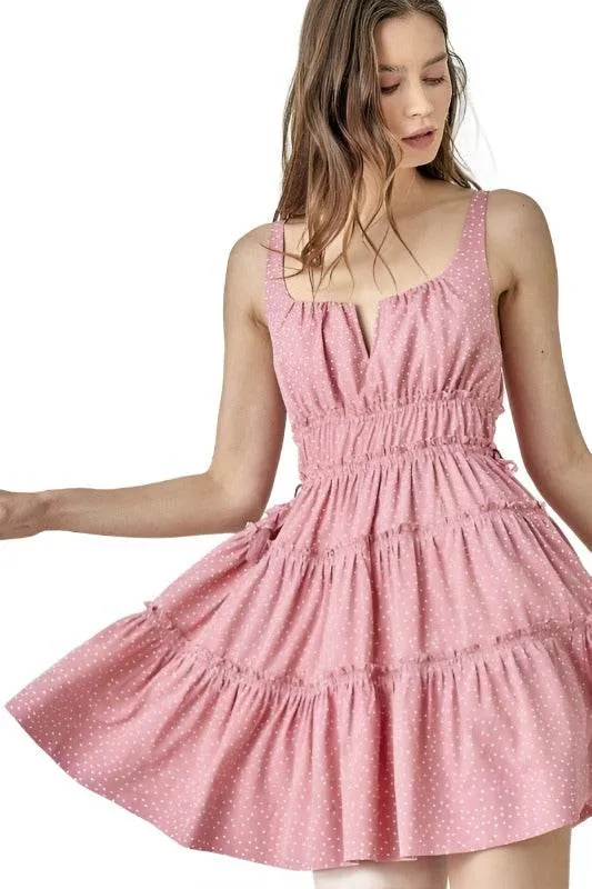 Womens Side Tassel Strap Tiered Polka Dot Dress
