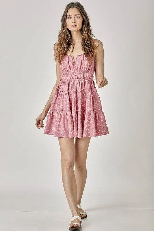Womens Side Tassel Strap Tiered Polka Dot Dress