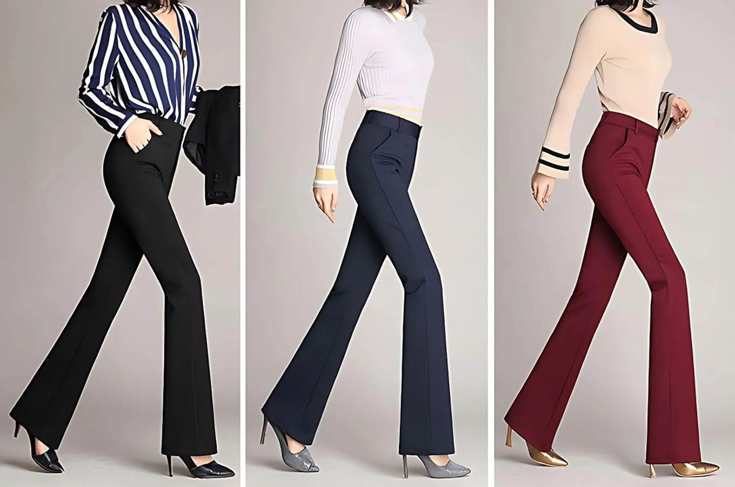 Women's Slim Fit Dress Pants Work Business Casual Soft Flare Trouser Stretchy High Waist Straight Leg Office Slacks