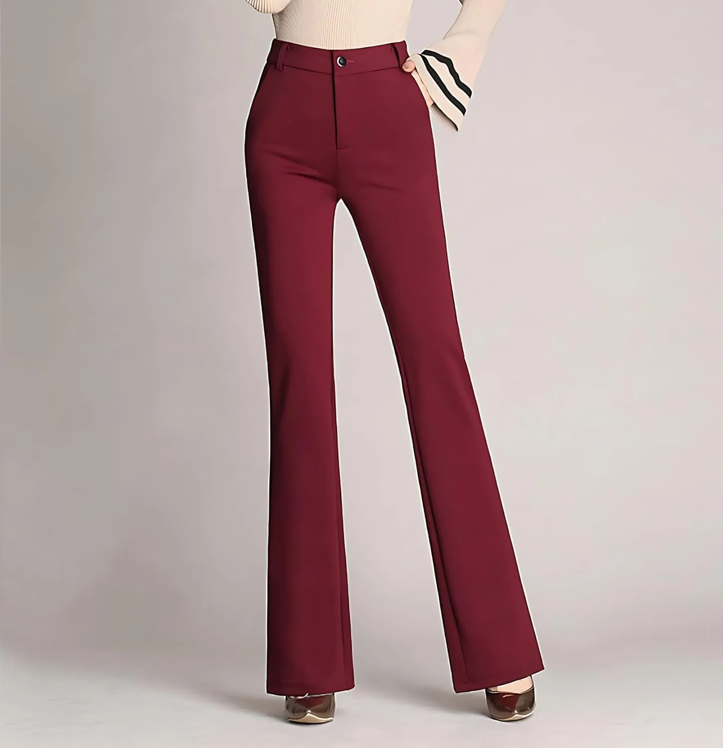 Women's Slim Fit Dress Pants Work Business Casual Soft Flare Trouser Stretchy High Waist Straight Leg Office Slacks