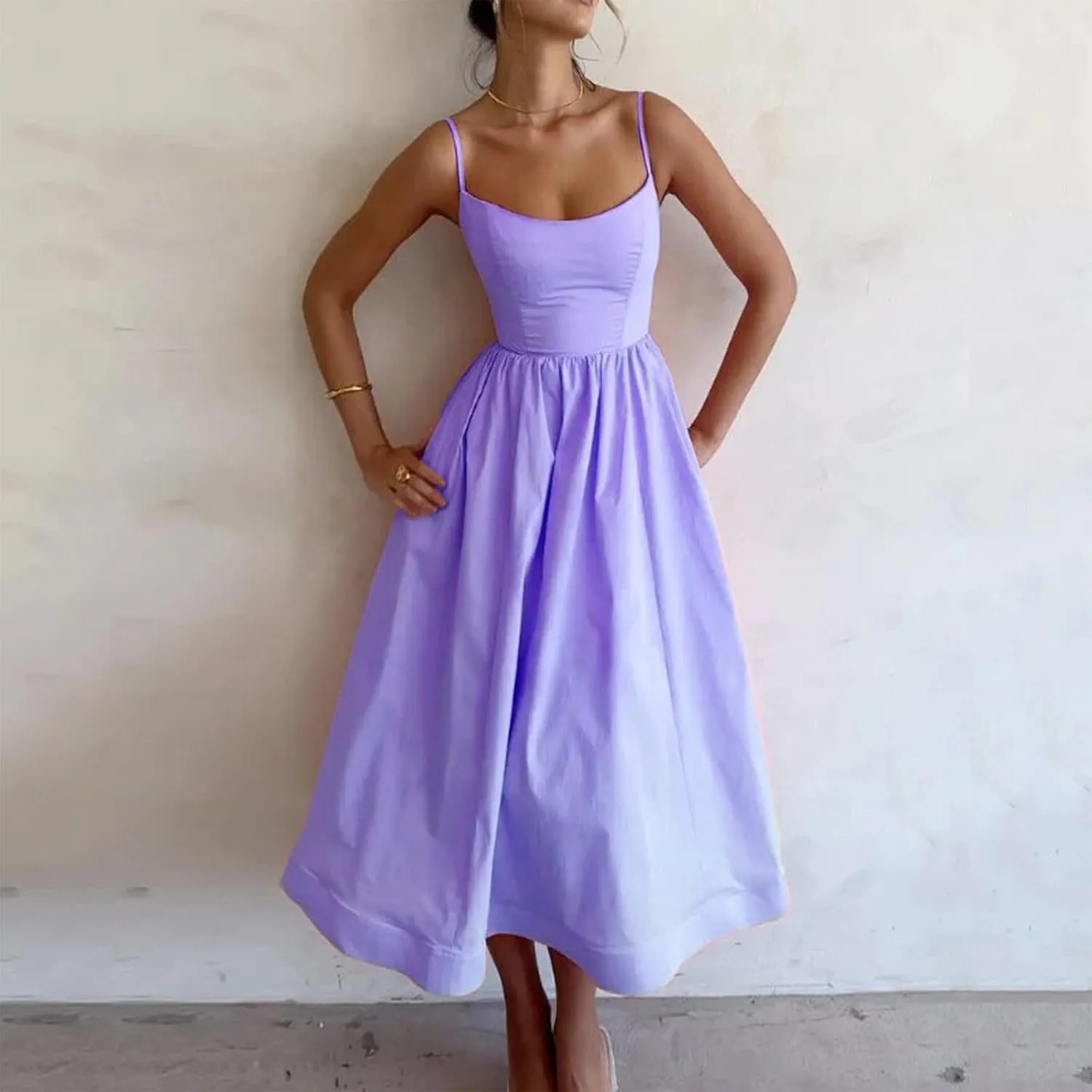 Womens Smocked Maxi Dresses Spaghetti Strap Square Neck Swing A Line Dress 2025 Summer Chic Flowy Beach Sexy Sundress