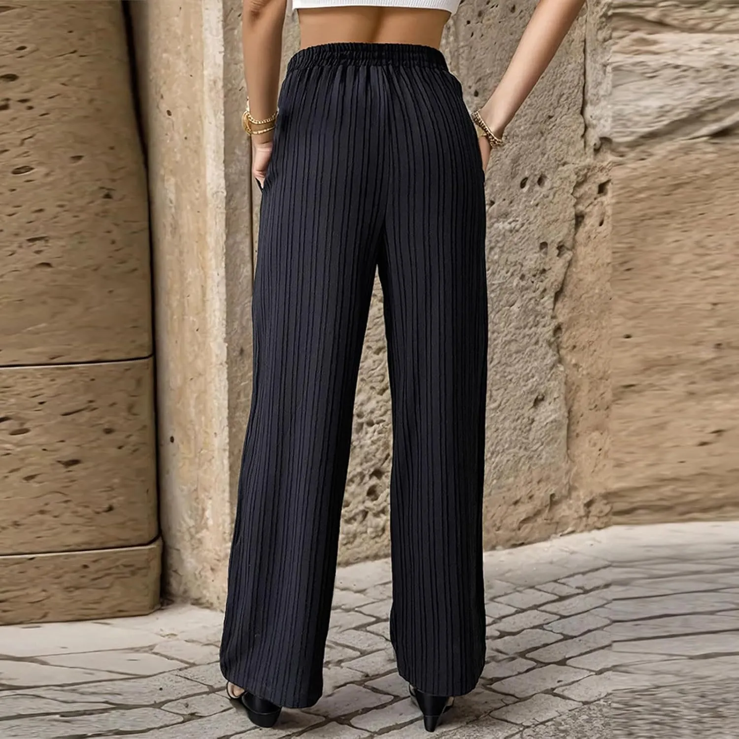 Womens Striped Drawstring Elastic Waist Trousers Casual Soft Wide Leg Pants Loose Straight Leg Pants with Pockets