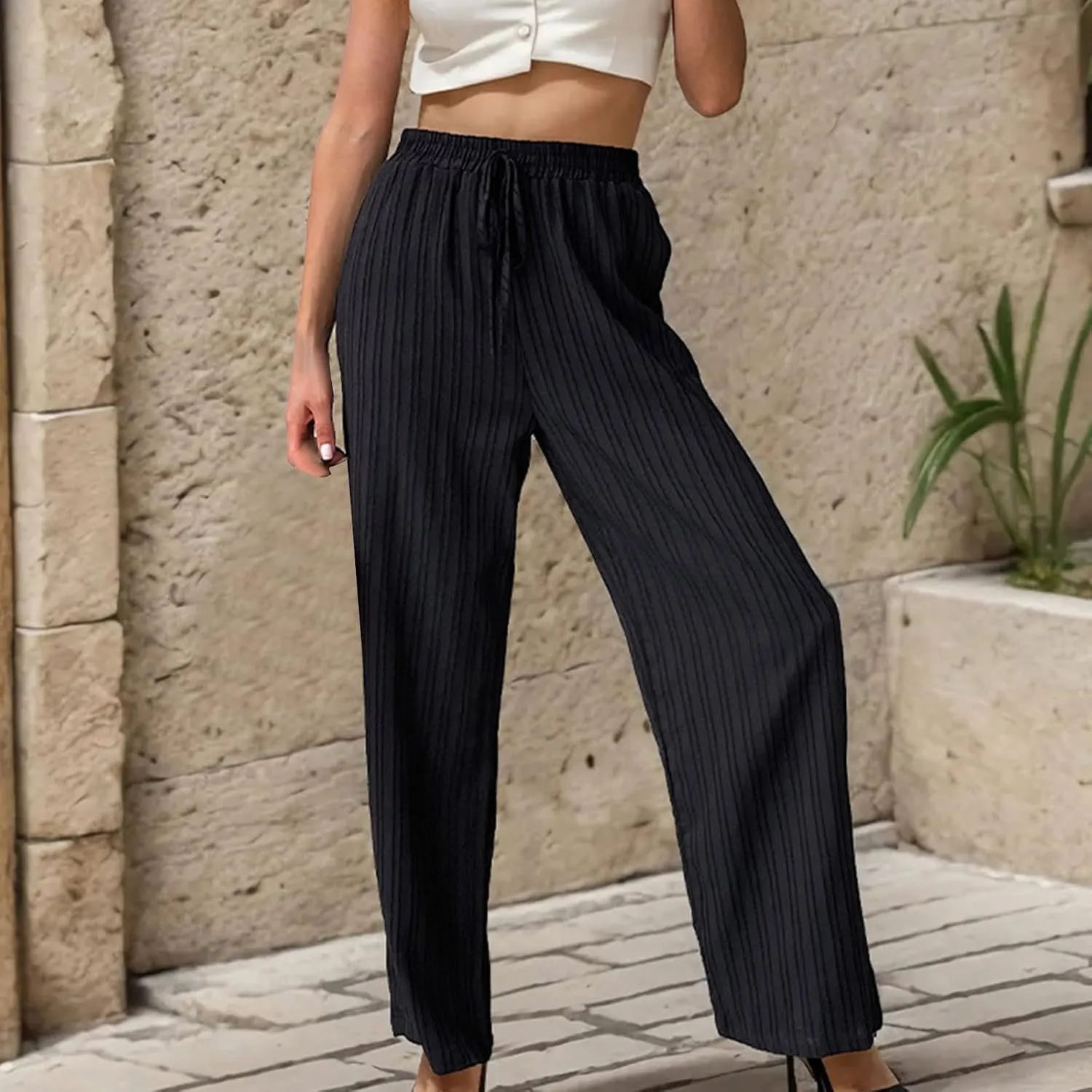 Womens Striped Drawstring Elastic Waist Trousers Casual Soft Wide Leg Pants Loose Straight Leg Pants with Pockets