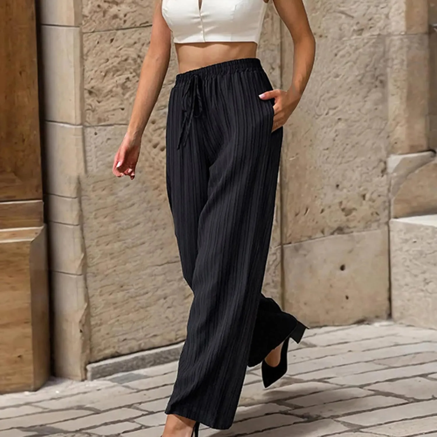 Womens Striped Drawstring Elastic Waist Trousers Casual Soft Wide Leg Pants Loose Straight Leg Pants with Pockets