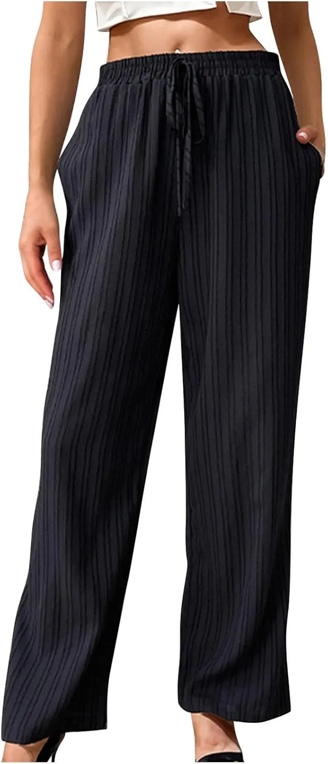Womens Striped Drawstring Elastic Waist Trousers Casual Soft Wide Leg Pants Loose Straight Leg Pants with Pockets