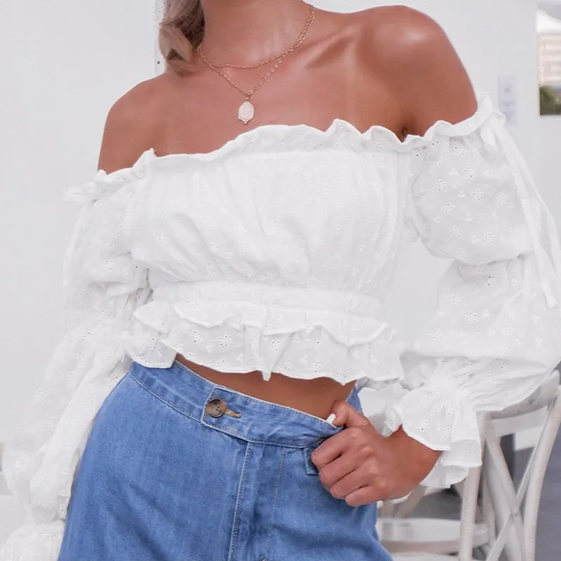 Women's Summer Casual Long-Sleeved Off-Shoulder Crop Top