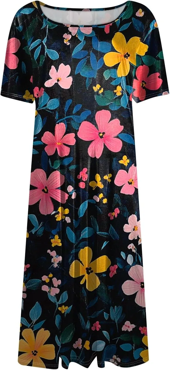 Womens Summer Dresses Flowy Casual Floral Print Short Sleeve Crew Neck Chic Boho Midi Sundresses with Pockets