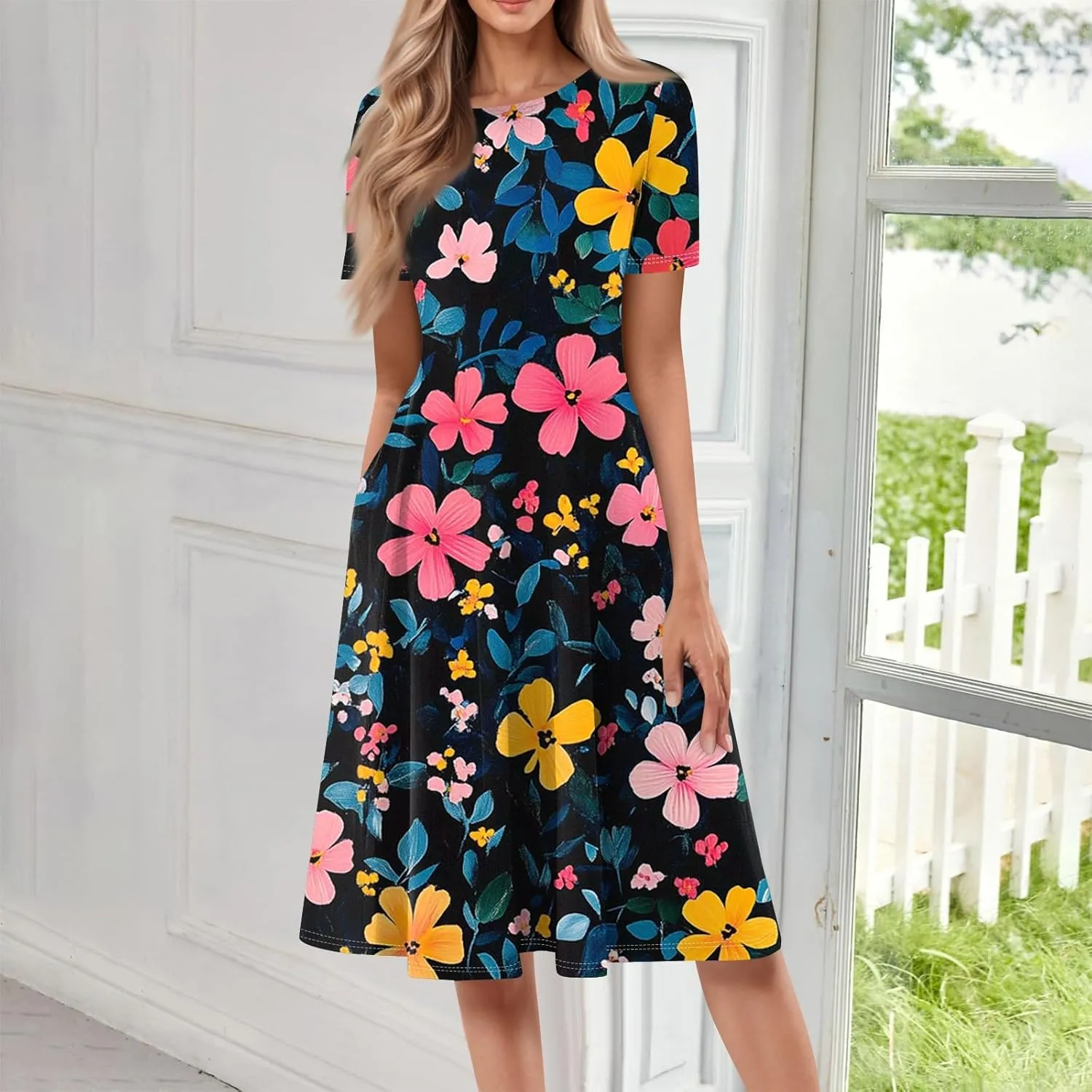Womens Summer Dresses Flowy Casual Floral Print Short Sleeve Crew Neck Chic Boho Midi Sundresses with Pockets