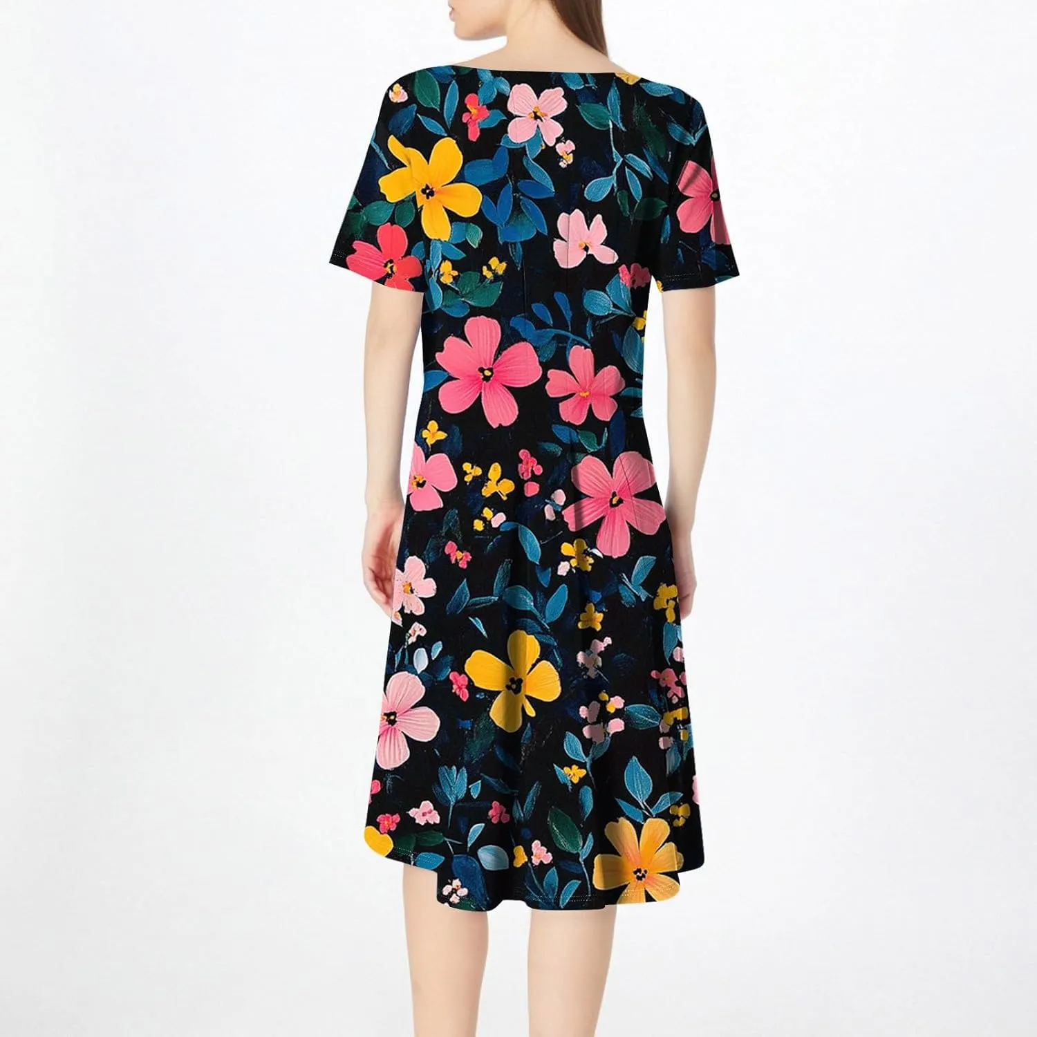 Womens Summer Dresses Flowy Casual Floral Print Short Sleeve Crew Neck Chic Boho Midi Sundresses with Pockets