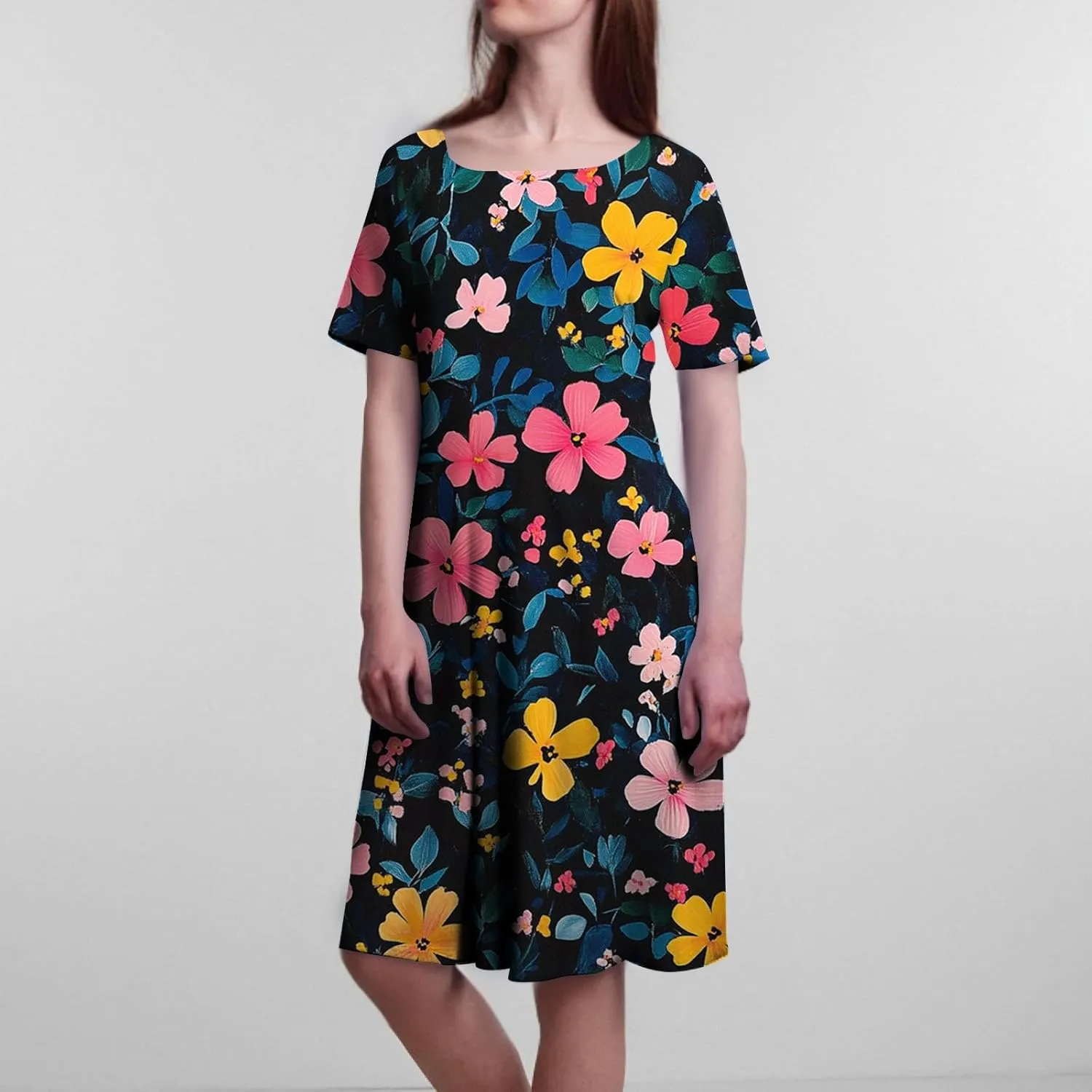 Womens Summer Dresses Flowy Casual Floral Print Short Sleeve Crew Neck Chic Boho Midi Sundresses with Pockets