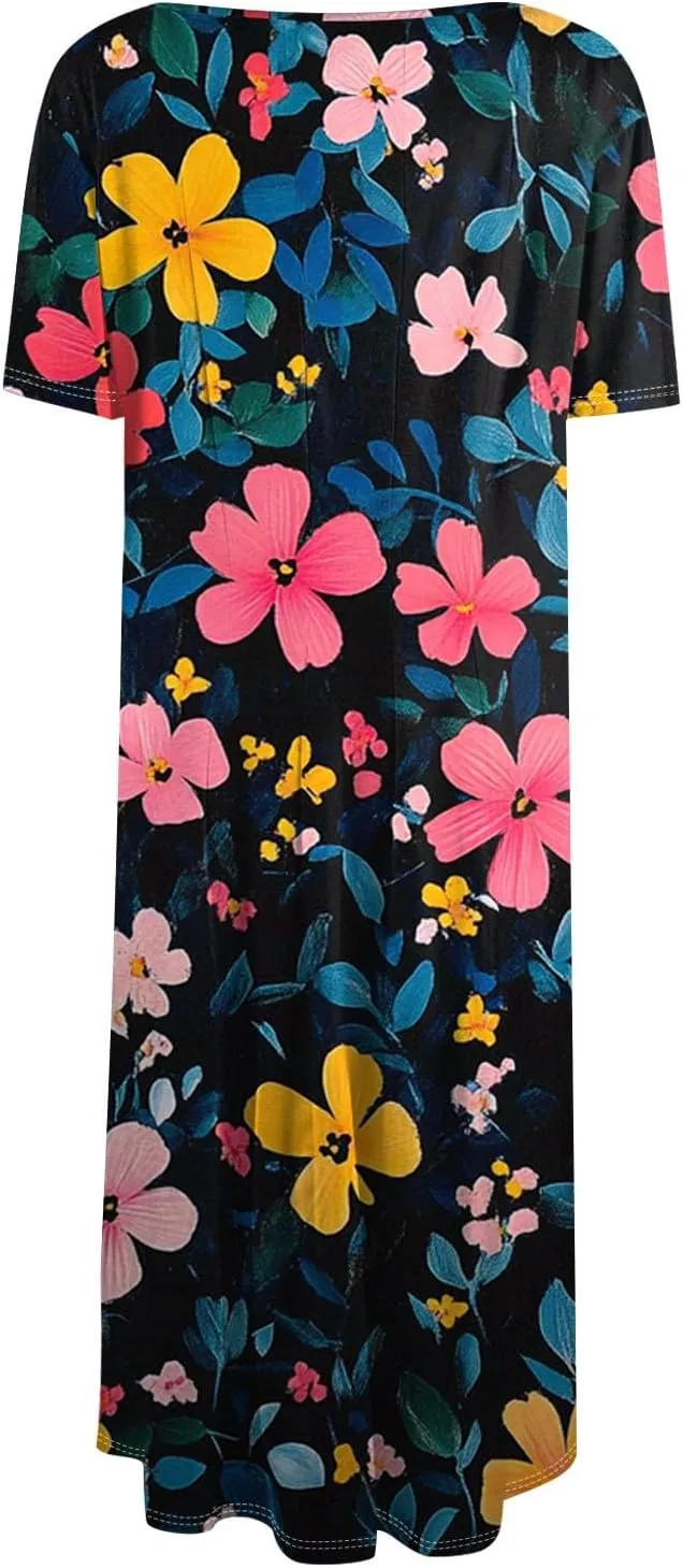 Womens Summer Dresses Flowy Casual Floral Print Short Sleeve Crew Neck Chic Boho Midi Sundresses with Pockets