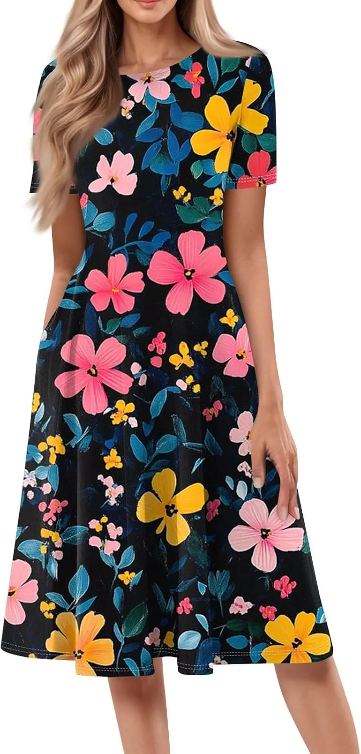 Womens Summer Dresses Flowy Casual Floral Print Short Sleeve Crew Neck Chic Boho Midi Sundresses with Pockets