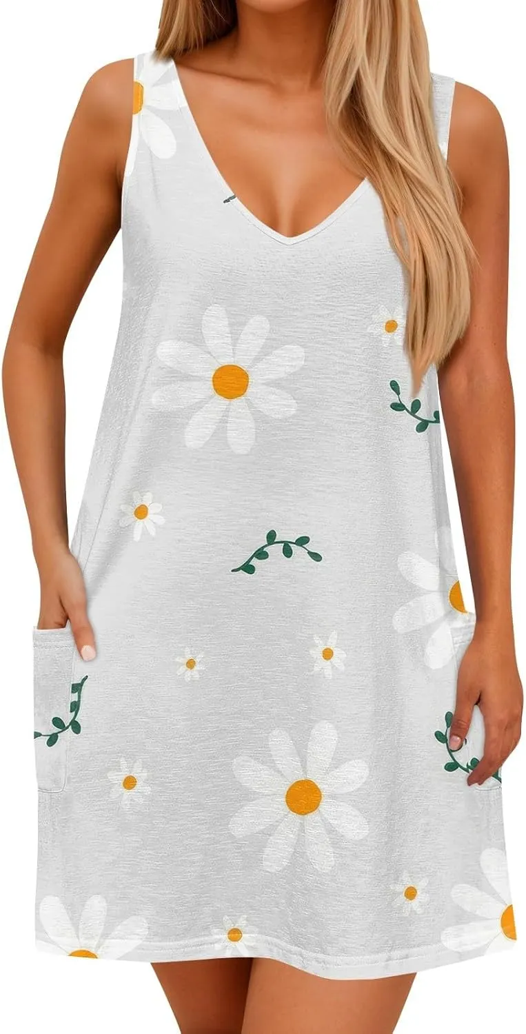 Womens Summer Dresses Sleeveless V Neck Sundress Printed Beach Dress with Pocket Vacation Casual Swimsuit Coverup