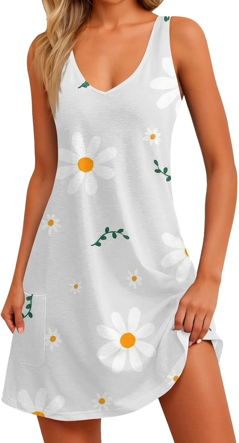 Womens Summer Dresses Sleeveless V Neck Sundress Printed Beach Dress with Pocket Vacation Casual Swimsuit Coverup