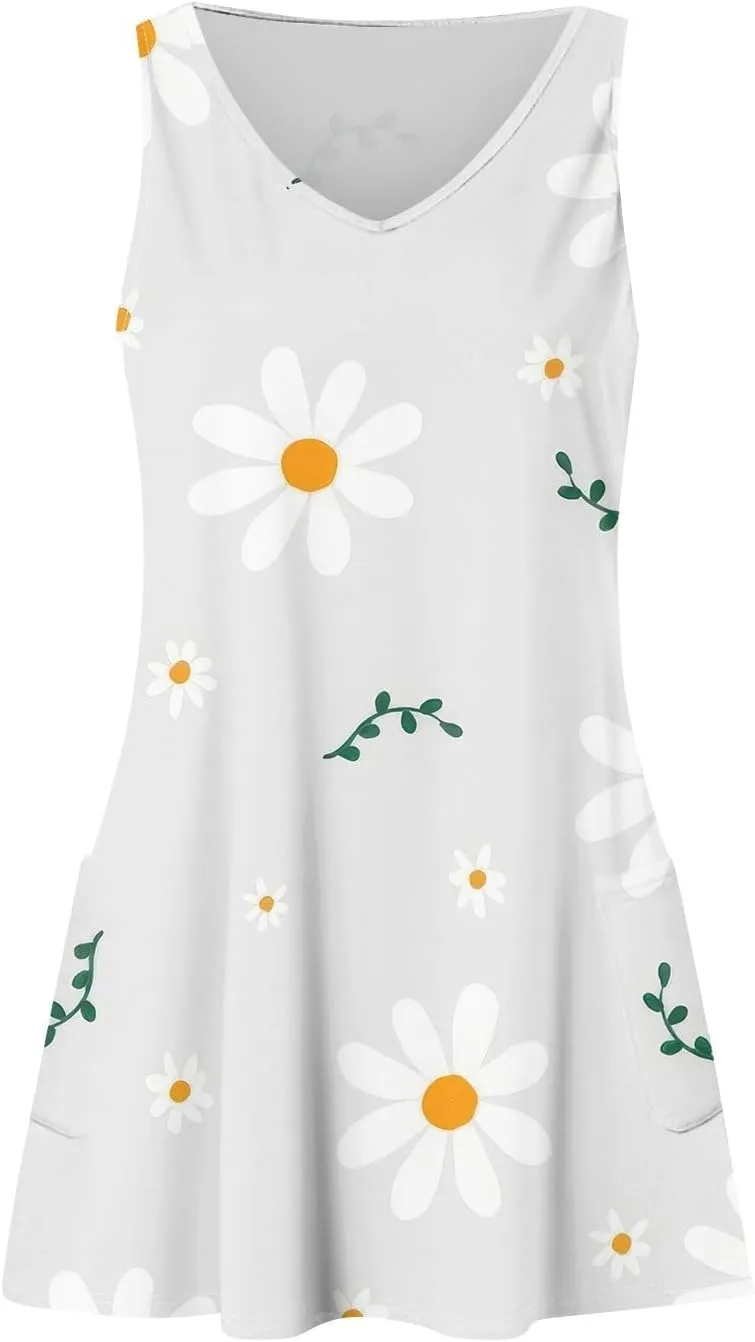 Womens Summer Dresses Sleeveless V Neck Sundress Printed Beach Dress with Pocket Vacation Casual Swimsuit Coverup