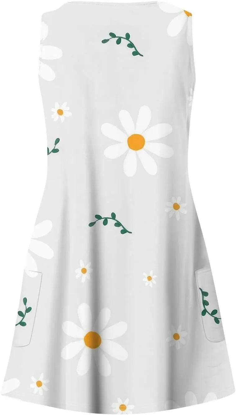 Womens Summer Dresses Sleeveless V Neck Sundress Printed Beach Dress with Pocket Vacation Casual Swimsuit Coverup