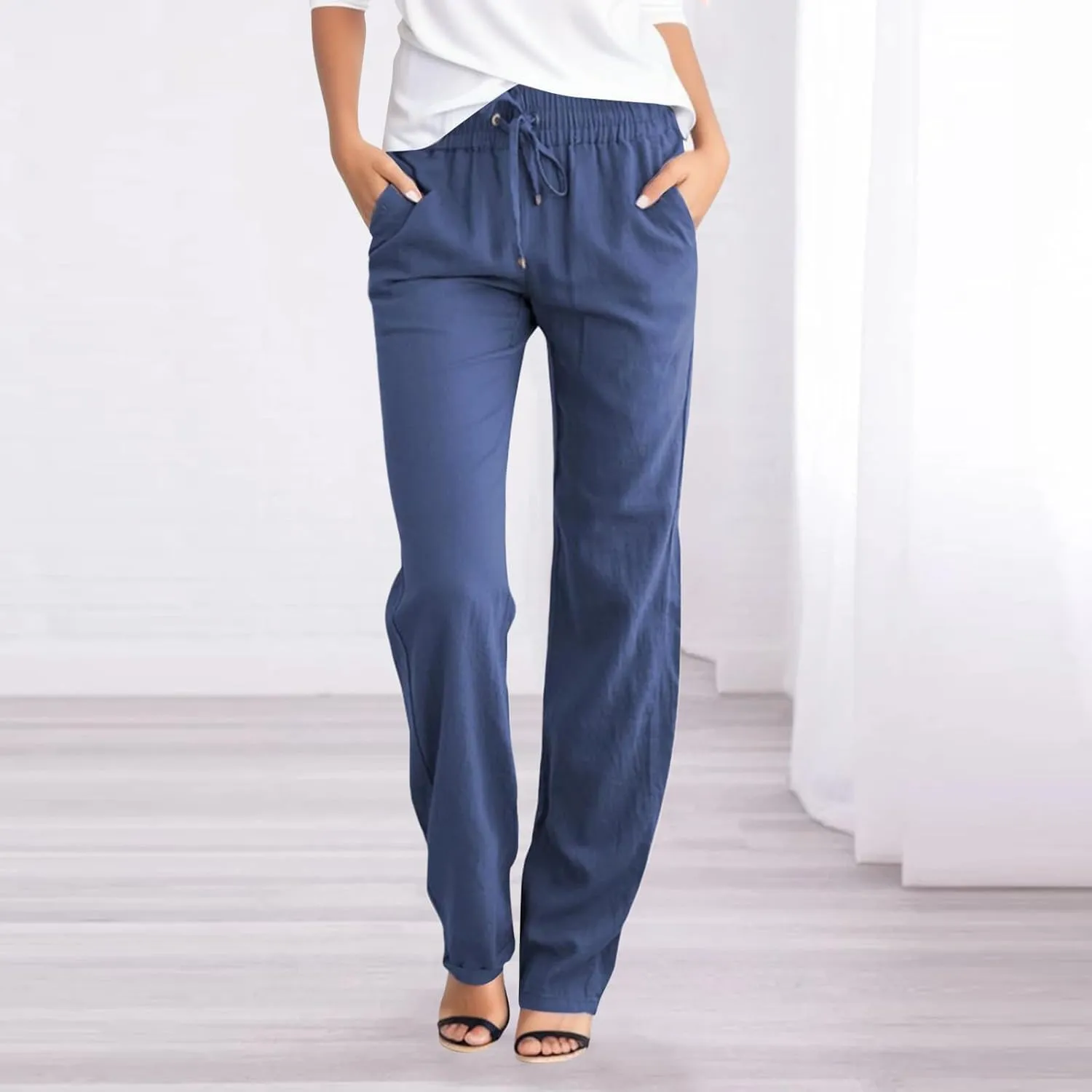 Women's Summer High Waisted Linen Pants Straight Leg Drawstring Beach Pants Casual Loose Comfy Trousers with Pockets