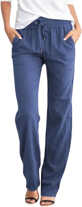 Women's Summer High Waisted Linen Pants Straight Leg Drawstring Beach Pants Casual Loose Comfy Trousers with Pockets