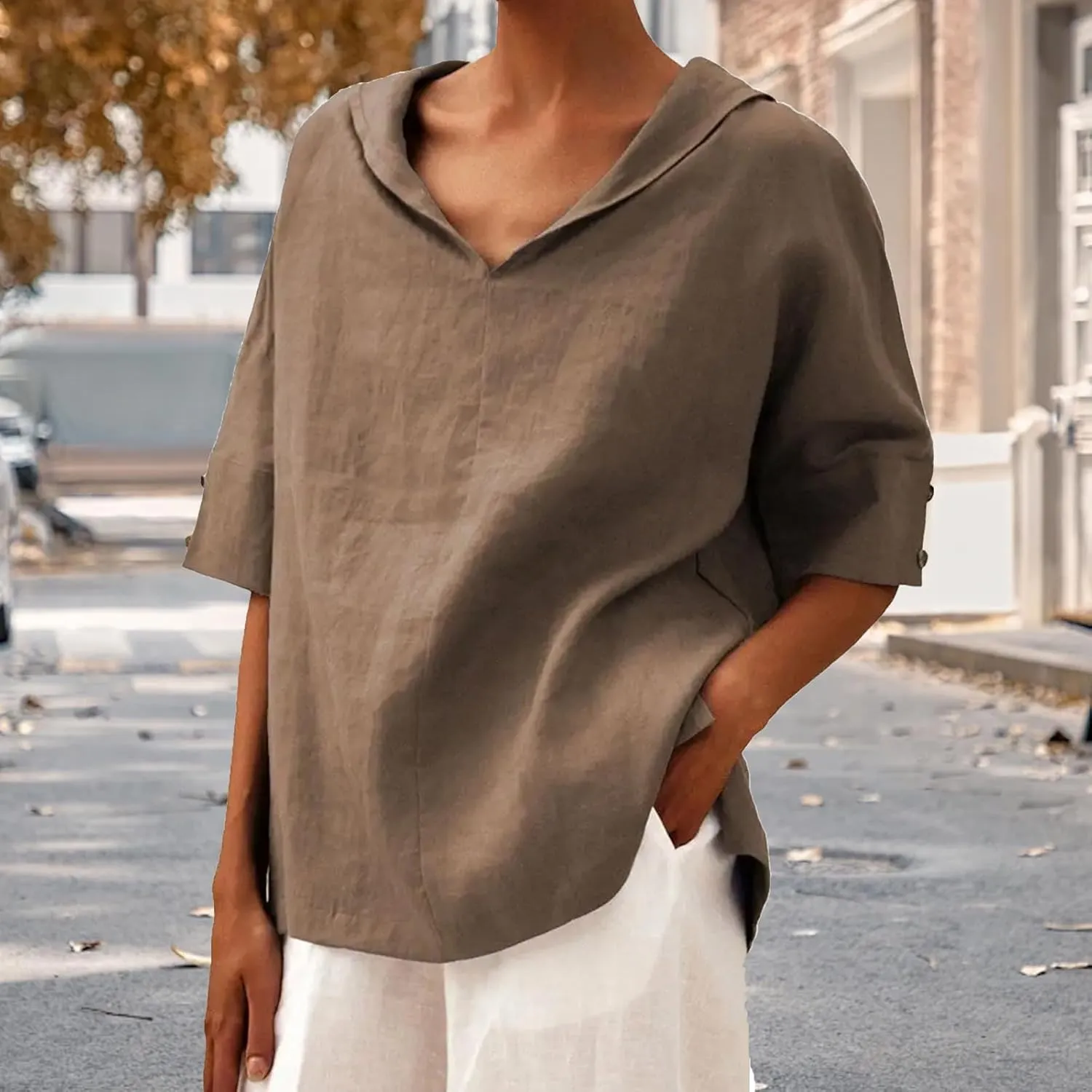 Women's Summer Linen Shirt Breathable Tops with Hoodie V Neck Half Sleeve Tshirt Casual Beach Tunic Vacation Blouse