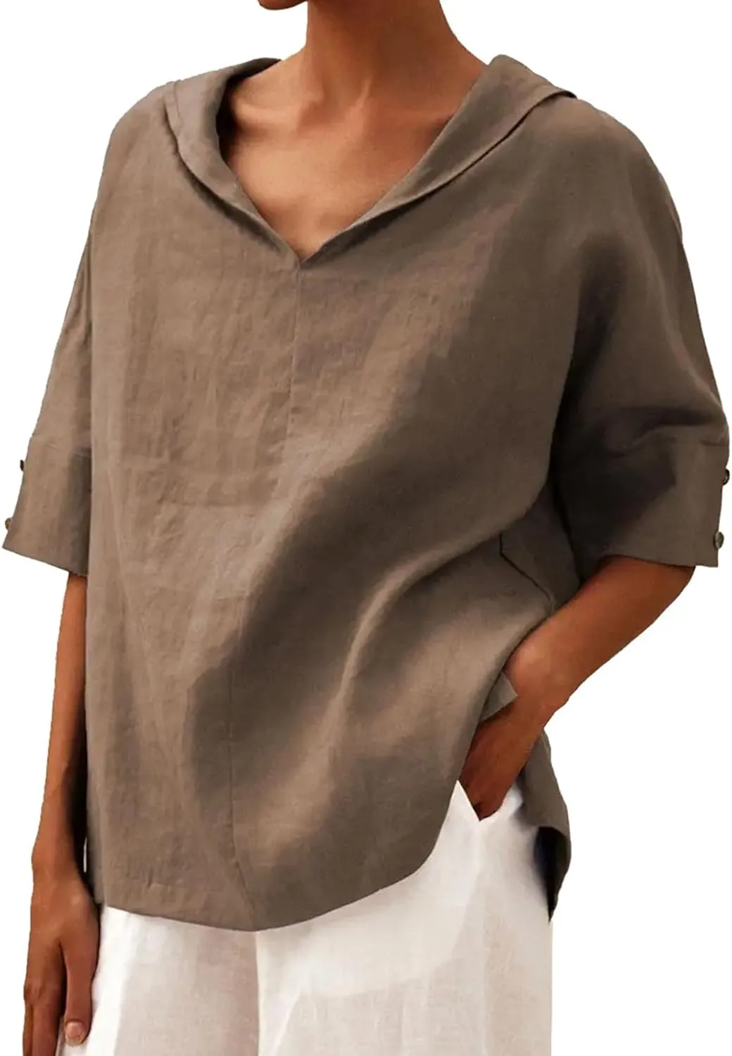Women's Summer Linen Shirt Breathable Tops with Hoodie V Neck Half Sleeve Tshirt Casual Beach Tunic Vacation Blouse