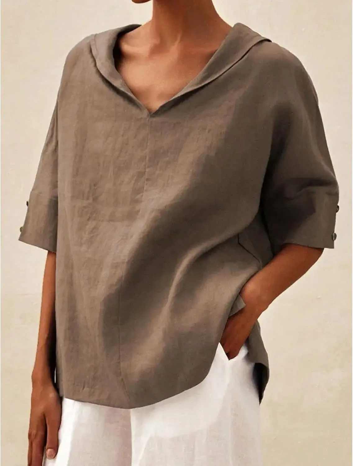 Women's Summer Linen Shirt Breathable Tops with Hoodie V Neck Half Sleeve Tshirt Casual Beach Tunic Vacation Blouse