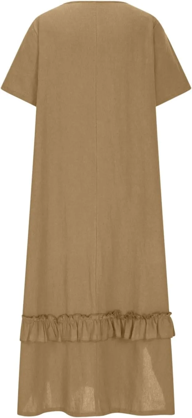 Women's Summer Long Dress Short Sleeve Shirt Dress Imitation Cotton and Linen Solid Color Hem Slit Sundress