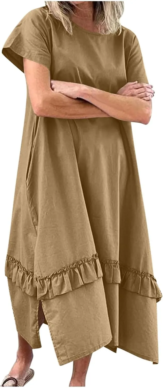 Women's Summer Long Dress Short Sleeve Shirt Dress Imitation Cotton and Linen Solid Color Hem Slit Sundress