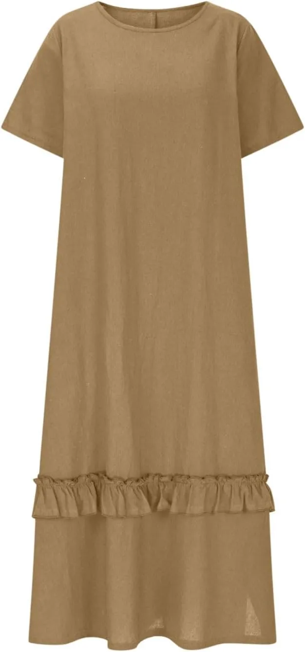 Women's Summer Long Dress Short Sleeve Shirt Dress Imitation Cotton and Linen Solid Color Hem Slit Sundress