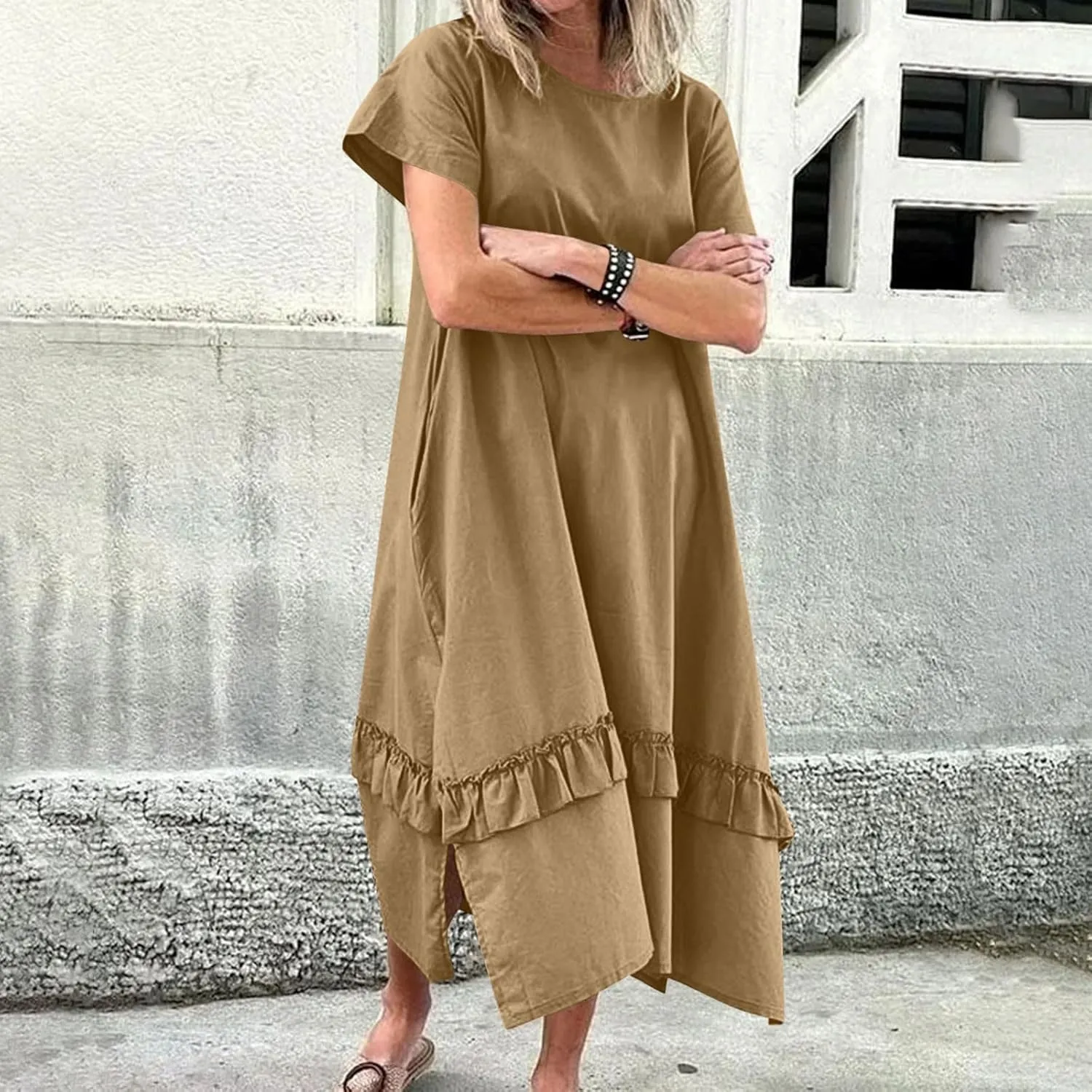 Women's Summer Long Dress Short Sleeve Shirt Dress Imitation Cotton and Linen Solid Color Hem Slit Sundress