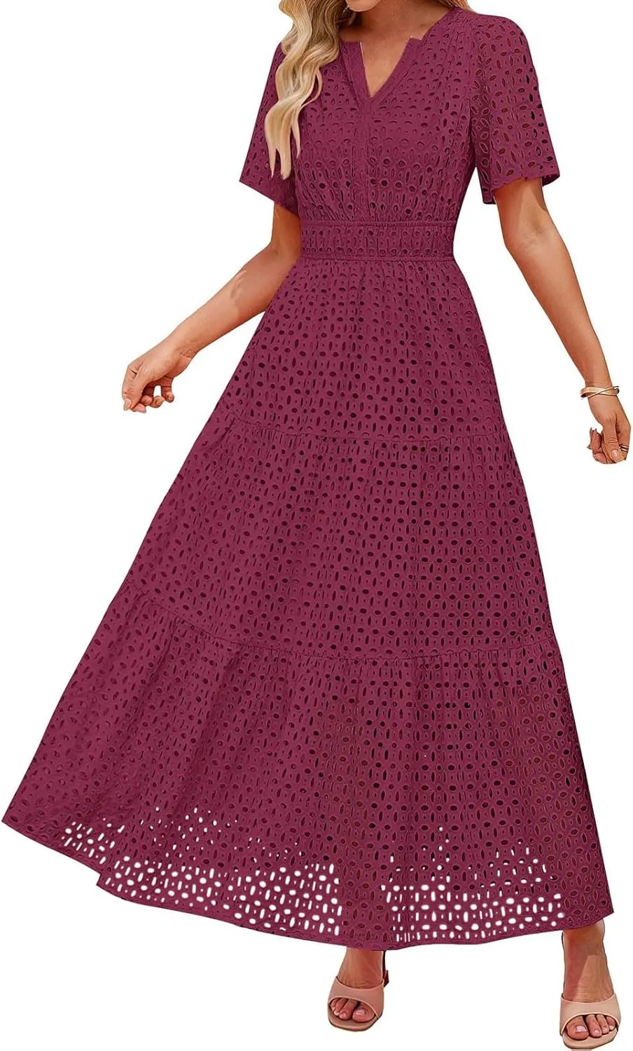 Womens Summer Short Sleeve Maxi Dress Casual V Neck Hollow Out Eyelet Ruffle Swing A Line Long Dress Vacation Outfits
