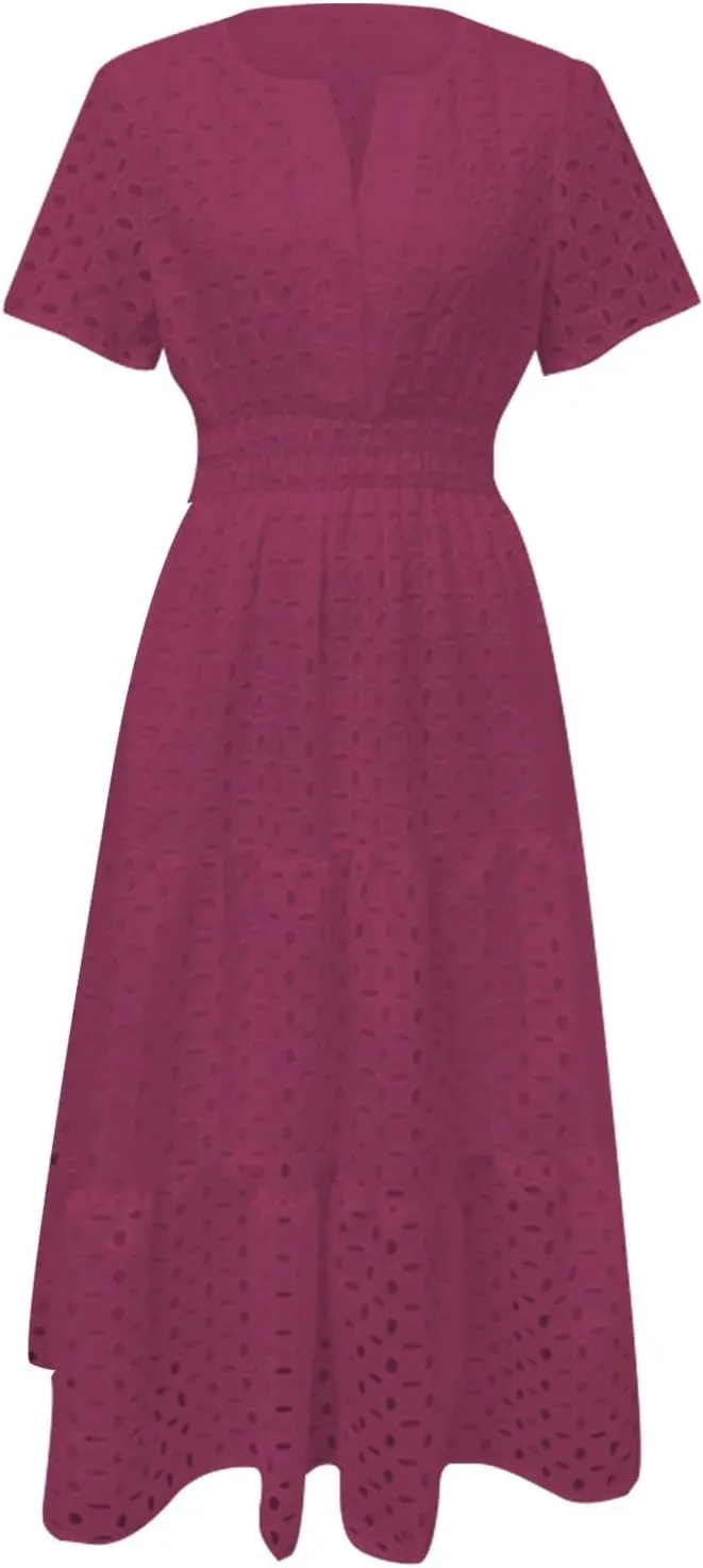 Womens Summer Short Sleeve Maxi Dress Casual V Neck Hollow Out Eyelet Ruffle Swing A Line Long Dress Vacation Outfits