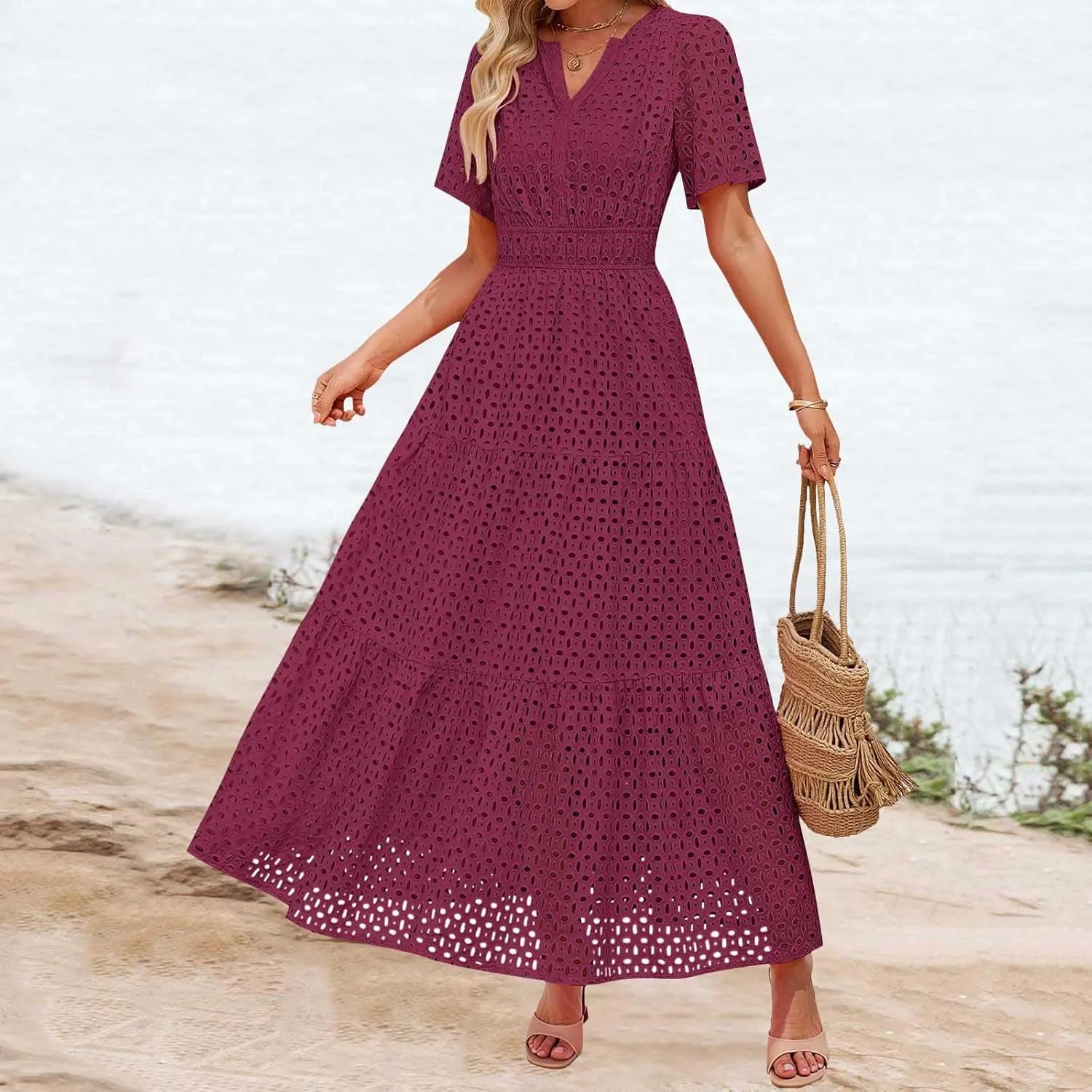 Womens Summer Short Sleeve Maxi Dress Casual V Neck Hollow Out Eyelet Ruffle Swing A Line Long Dress Vacation Outfits