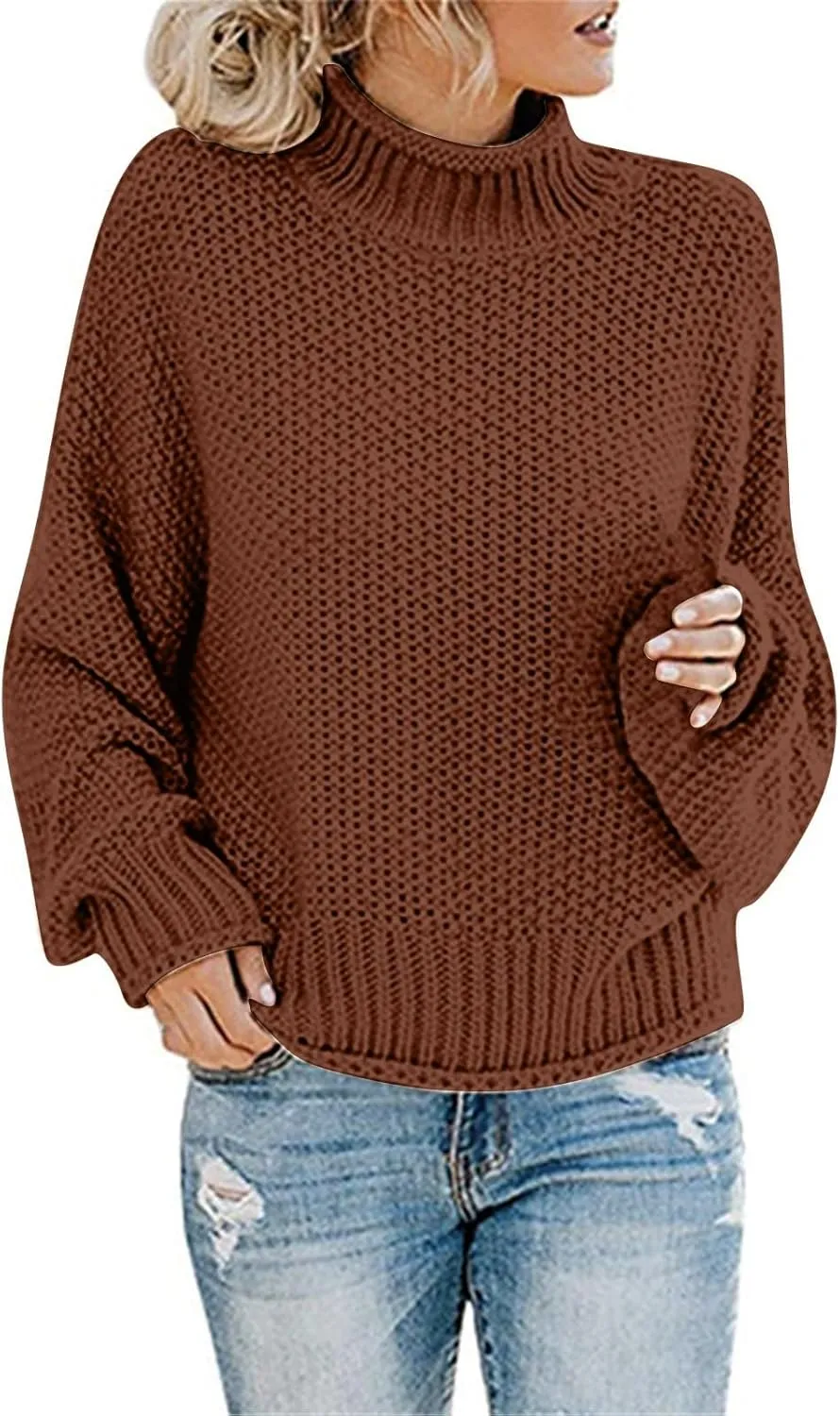 Womens Winter Fall Solid Turtleneck Long Sleeve Sweater Casual Lightweight Loose Oversized Cable Knit Pullover Jumper Tops