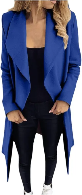 XUETON Womens Notch Lapel Mid-Long Wool Blend Trench Coat Open Front Long Sleeve Lapel Collar Overcoat Casual Work Office Blazer Cardigan Suit Jackets Windbreaker Blue