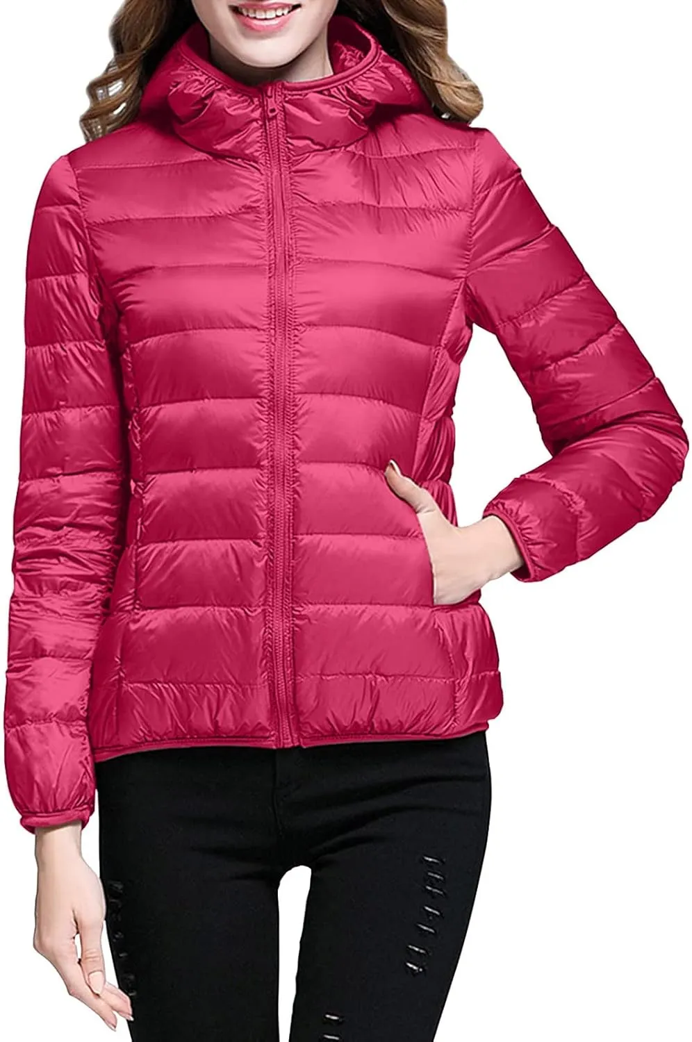 XUETON Womens Zip Up Lightweight Packable Down Puffer Jacket Autumn Winter Warm Hooded Windproof Water-Resistant Short Down Jacket Outerwear(Hot Pink,Medium)
