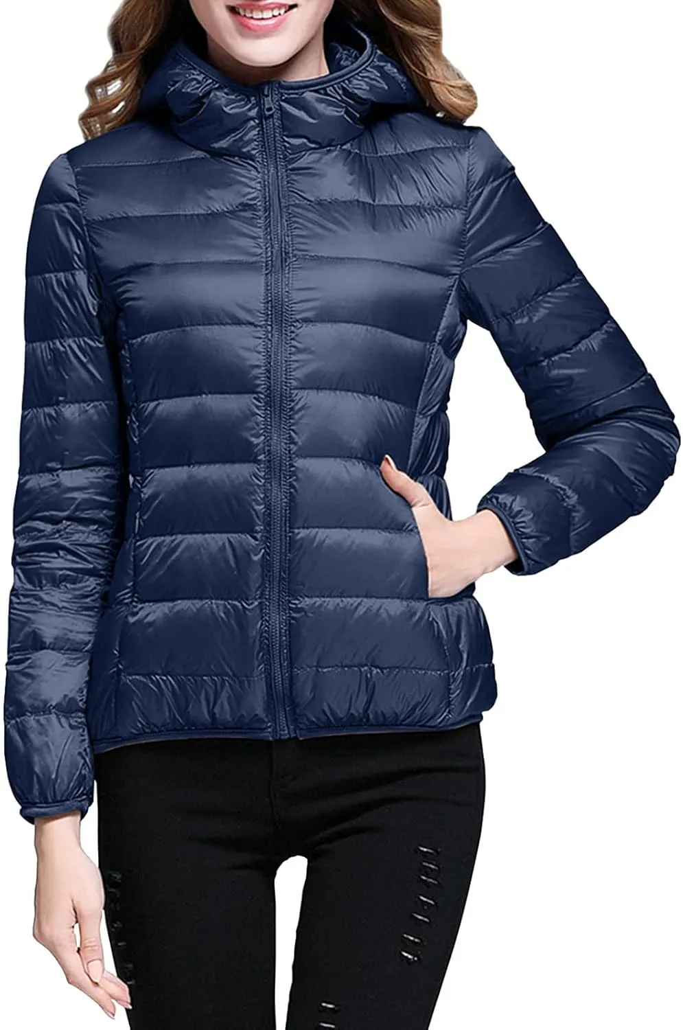 XUETON Womens Zip Up Lightweight Packable Down Puffer Jacket Autumn Winter Warm Hooded Windproof Water-Resistant Short Down Jacket Outerwear(Navy,Small)