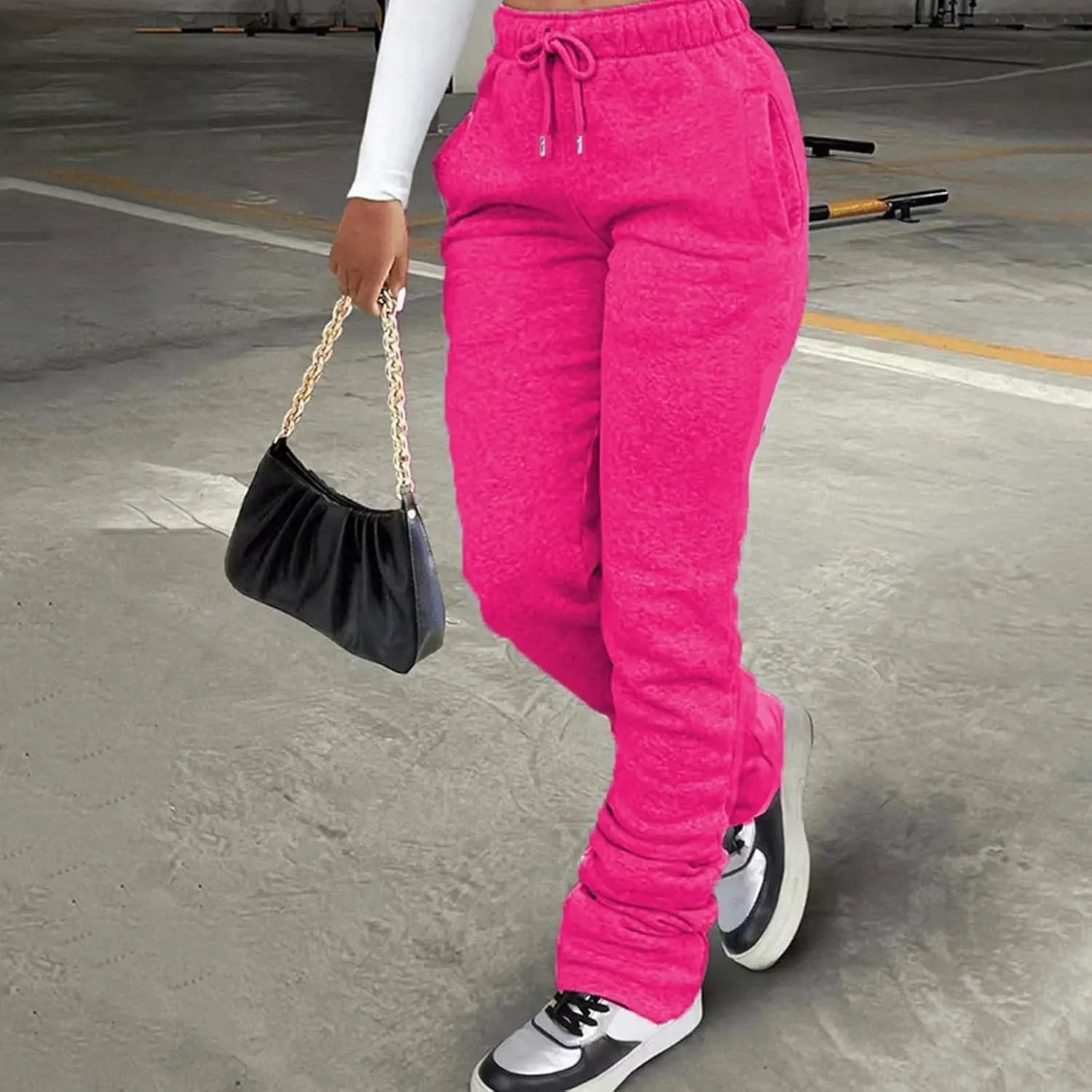 ZYXTIM Stacked Pants for Women Sherpa Lined Thicked Casual Pants Elastic High Waist Athletic Active Joggers Ruched Trousers